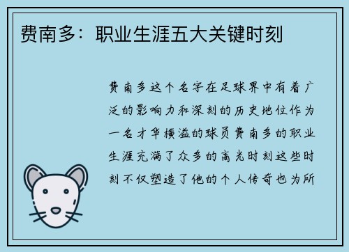 费南多：职业生涯五大关键时刻