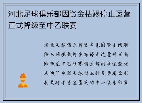 河北足球俱乐部因资金枯竭停止运营正式降级至中乙联赛